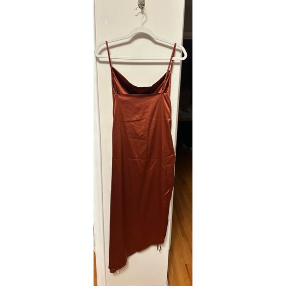 Cowl Neck Ruched Drawstring Knot Asymmetrical Satin Cami Dress - Picture 4 of 4